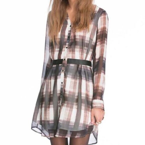 Jack BB Dakota Revolve Brown Cahill Plaid Dress Size Small Long Sleeves Mini NEW - Picture 2 of 16